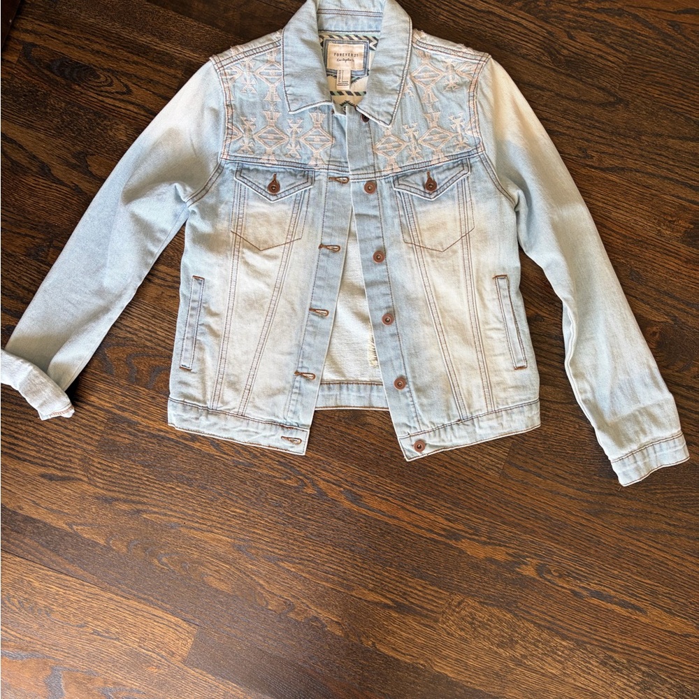 Light Blue Denim Jacket with Embroidered Details Size Small